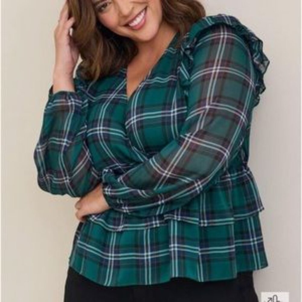 Torrid Chiffon Ruffled Surplice Crop Top in Plaid Green